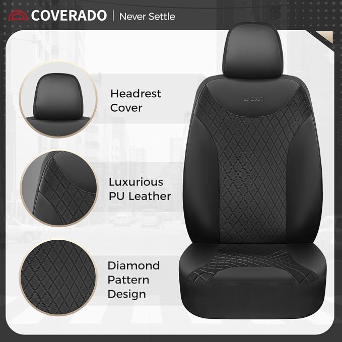 Coverado Front Seat Covers, Black Leather Car Seat Covers 2-Pack, Waterproof Car Seat Protectors, Automotive Seat Covers, Driver Seat Covers Universal Car Seat Cushions Fit for Most Sedan, SUV, Truck