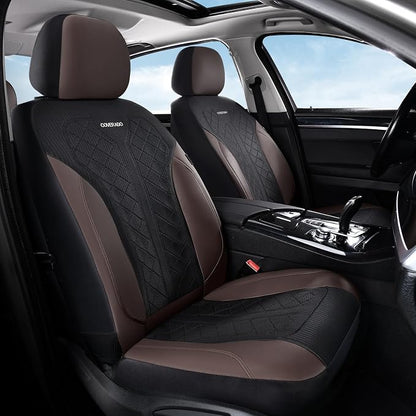 Coverado Seat Covers for Car 5 Seats, Leather Car Seat Covers Fullset, Breathable Mesh Front and Rear Protectors, Coffee Luxury Automotive Covers, Universal Fit for SUV, Truck, Sedan