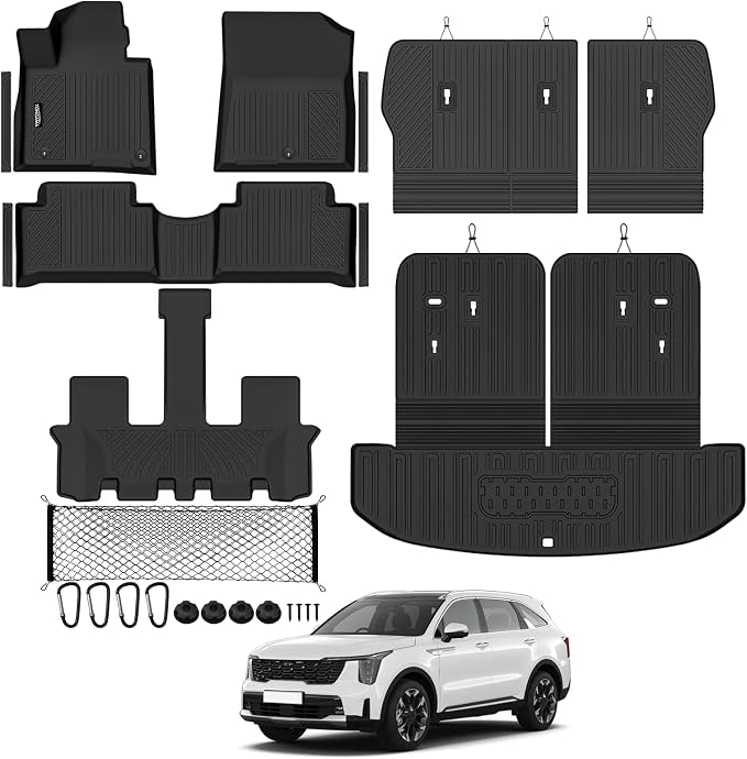 Tongama-Floor Mats for 2021-2026 Kia Sorento Gas 7 Seats/Bench Seat (Not for Hybrid), All Weather TPE Trunk Mat with Backrest Mat & 2nd Row Backrest Mats & Cargo Net & Door Sill Guards