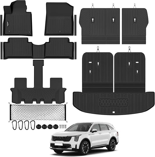 Tongama-Floor Mats for 2021-2026 Kia Sorento Gas 7 Seats/Bench Seat (Not for Hybrid), All Weather TPE Trunk Mat with Backrest Mat & 2nd Row Backrest Mats & Cargo Net & Door Sill Guards