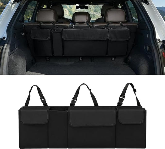 Car Trunk Organizer, Waterproof Backseat Hanging Large Storage with Adjustable Straps, Collapsible Cargo Bag with 4 Pockets, Car Interior Accessories for Truck, SUV, MPV (Black)