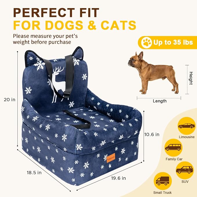 Dog Booster Car Seats for S/M Dogs Up to 35lbs,Pet Car Seat/Travel Bed with Washable&Removable Cover,Storage Pockets,Dog Safety Belt and Elevated Cushion Fits in Front/Back Seat