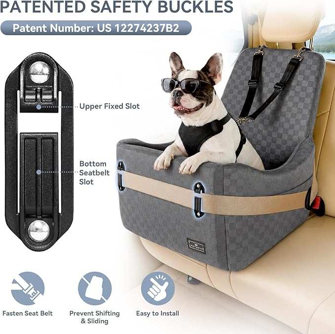 PETSFIT Dog Car Seat for Small/Medium Dogs Up to 35 lbs – Patented Safety System, 5" Memory Foam Pet Booster Car Seat, Fully Detachable and Washable Dog Carseat with 2 Storage Pockets (Grey)