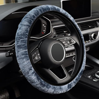 KAFEEK Elastic Long Microfiber Plush Steering Wheel Cover for Winter Warm, Universal 15 inch, Anti-Slip, Odorless, Gray