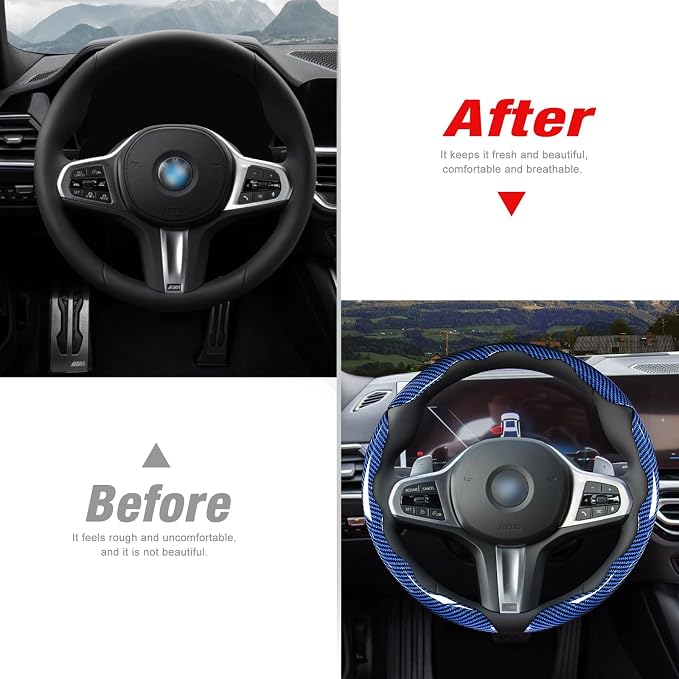 Car Steering Wheel Cover Set Bright Carbon Fiber Wrap Non-Slip 3pcs Steering Wheel Accessories 14.5-15 inch Universal (Blue)