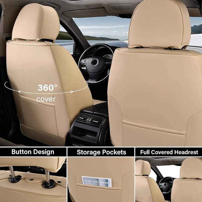 Coverado Seat Covers, Car Seat Covers Front Seats, Waterproof Nappa Leather Auto Seat Cover with Lumbar Head Pillow, Beige Seat Covers Carseat Cover Universal Fit for Most Cars