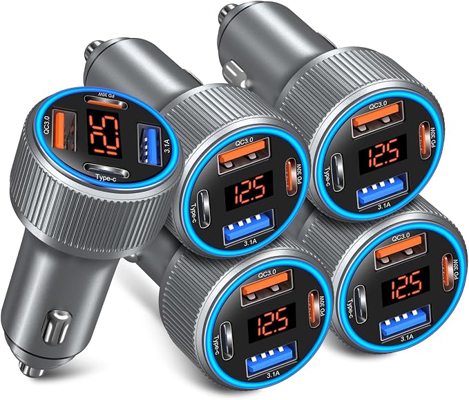 USB C Car Charger 5 Pack, 65W Dual 12V USB C & USB A Car Charger with Voltage Display Multi Port PD/QC 3.0 Fast Charge Cigarette Lighter Adapter for iPhone 17/16/15/14/13 Pro,Galaxy S25,Android(Grey)