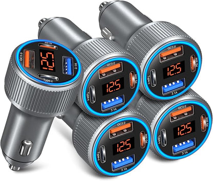 USB C Car Charger 5 Pack, 65W Dual 12V USB C & USB A Car Charger with Voltage Display Multi Port PD/QC 3.0 Fast Charge Cigarette Lighter Adapter for iPhone 17/16/15/14/13 Pro,Galaxy S25,Android(Grey)