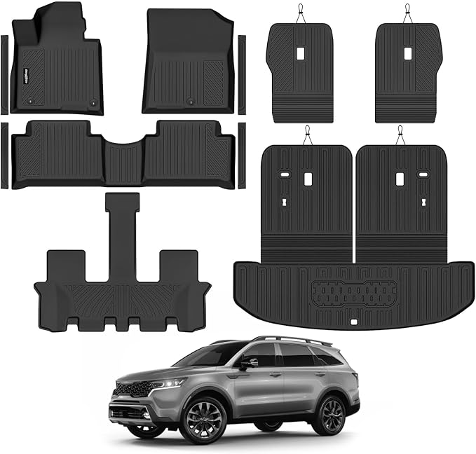 Floor Mats for 2021-2026 Kia Sorento Gas 6 Seats/Captain Chairs (Not for Hybrid), Trunk Mat & Backrest Mat & Door Sill Guard All Weather TPE Protector for Sorento Accessories