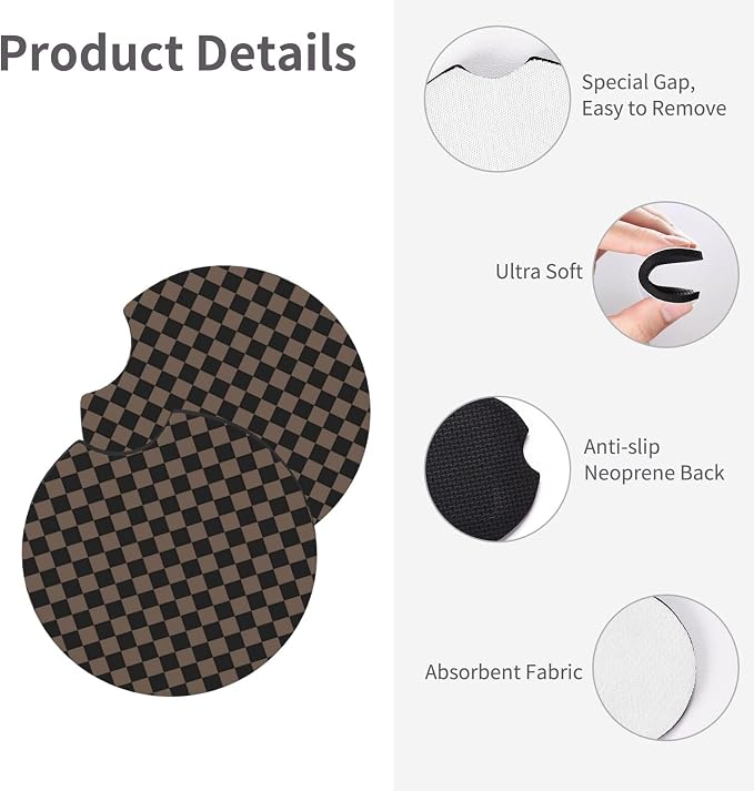 Checkered Black Brown Steering Wheel Cover 15 Inch Car + 2 pc Car Coasters | Black Brown Checkered Steering Wheel Cover Anti-Slip Breathable Universal for Suitable