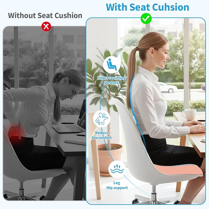 TranquilRelax 2XL Seat Cushion, Memory Foam Cushion for Long Sitting Hours on Office Chair, Car Seat, Non-Slip Chair Pad for Sciatica, Coccyx, Tailbone Pain Relief & Post-Surgery Recovery (Pink)