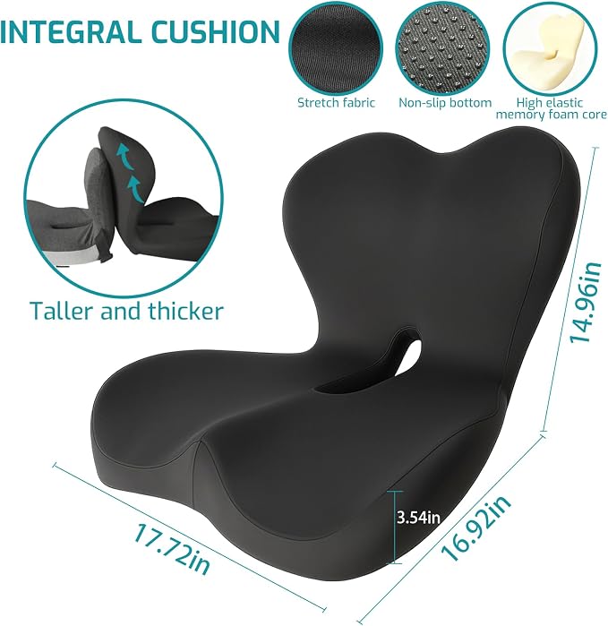 Memory Foam Seat Cushion,Office Chair Cushion with Lumbar Support for Back Pressure Relief, Car Seat Cushion with Adjustable Strap,Sciatica Pad Cushions for Car,Truck, Desk (D-Black)