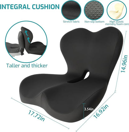 Memory Foam Seat Cushion,Office Chair Cushion with Lumbar Support for Back Pressure Relief, Car Seat Cushion with Adjustable Strap,Sciatica Pad Cushions for Car,Truck, Desk (D-Black)