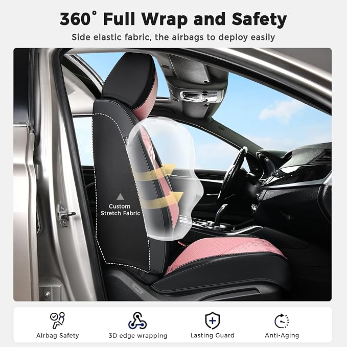 Huidasource Leather Seat Covers Full Set, Front and Rear Car Seat Covers, Full Wrap Automotive Car Seat Cushion Covers Protector Nappa Leather Fit for Most Cars SUV Trucks, Black & Pink