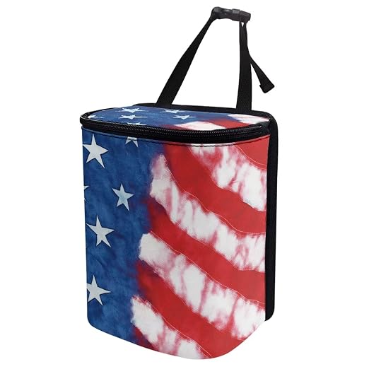 Talayituse American Flag Tie Dye Print Car Trash Bin, Large Size Auto Trash Can Adjustable Portable Garbage Can with Lid, Vehicle Hanging Bag for Headrest Front Back Seat