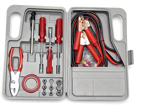 Roadside Emergency Car Kit - 30-Piece Road Trip Essentials Tool Set with Jumper Cables and Carrying Case for Car, Truck, or RV by Stalwart (Gray/Red)