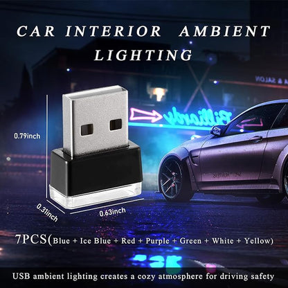 Yourkar 4 PCS USB LED Car Interior Atmosphere Lamp, Plug-in USB Interface Trunk Ambient Lighting Kit, Night Led Decoration Mini USB Light, Universal Interior Car Accessories (7 PCS, Multi-Color)