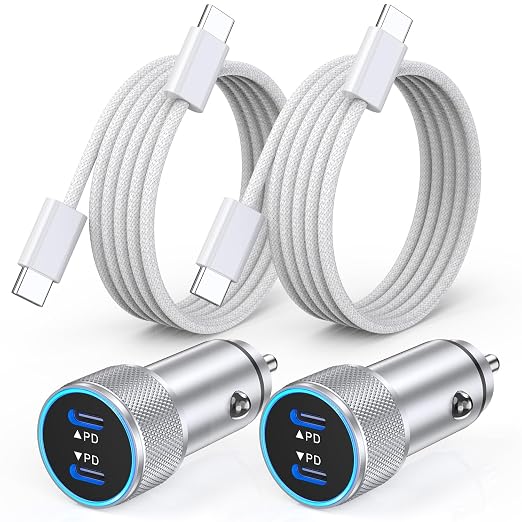 iPhone 17 Car Charger,2Pack Dual Port USB C Fast Car Charger Type C Rapid Charging Adapter with 2Pack USB C to C Nylon Braid Cable Woven Cord Fast Charging for iPhone 17/17 Pro/16/16 Pro Max/iPad