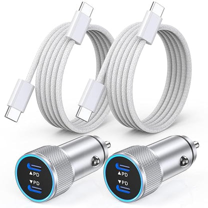 iPhone 17 Car Charger,2Pack Dual Port USB C Fast Car Charger Type C Rapid Charging Adapter with 2Pack USB C to C Nylon Braid Cable Woven Cord Fast Charging for iPhone 17/17 Pro/16/16 Pro Max/iPad