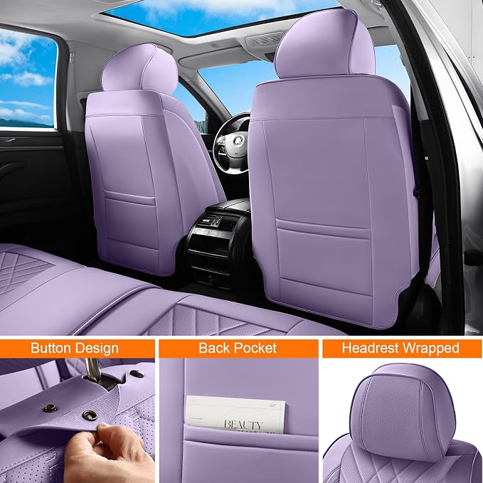 Purple Car Seat Covers Front Seats, Luxury Leather Purple Seat Covers with Lumbar Support, Waterproof Car Front Seat Protector Universal Fit for Most Cars Trucks Pick-ups SUVs