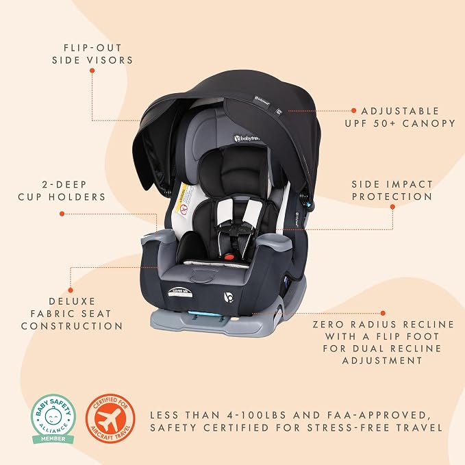 Baby Trend Cover Me 4-in-1 Infant Toddler Convertible Car Seat with Adjustable/Removable Canopy for Sun Protection & 2 Cup Holders, Black