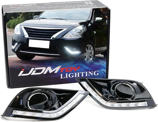 iJDMTOY Xenon White LED Daytime Running Light Kit for 2015-2019 Nissan Versa Sedan, Exact Fit DRL Bezel Assembly Powered by (10) High Power LED Diodes