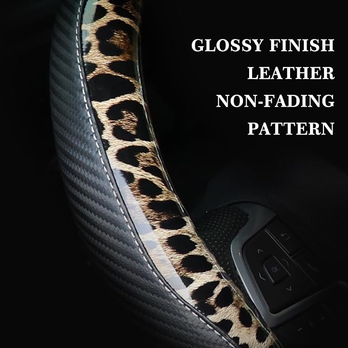 KAFEEK Khaki Leopard Steering Wheel Cover, 15 inch Carbon Fiber Texture, Classic Tan Cheetah Pattern, Non-Slip Microfiber Leather, Universal Fit for SUV Sedan