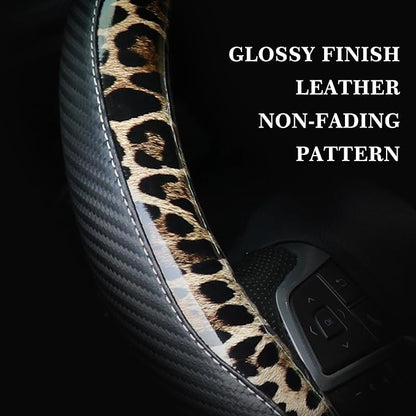 KAFEEK Khaki Leopard Steering Wheel Cover, 15 inch Carbon Fiber Texture, Classic Tan Cheetah Pattern, Non-Slip Microfiber Leather, Universal Fit for SUV Sedan
