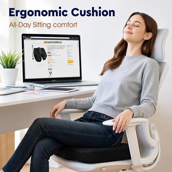 TushGuard Office/ Car Seat Cushion, Non-Slip Sciatica & Back Coccyx Tailbone Pain Relief Chair Pad, Memory Foam Butt Pillow for Computer Desk, Wheelchair, Driving (Black)