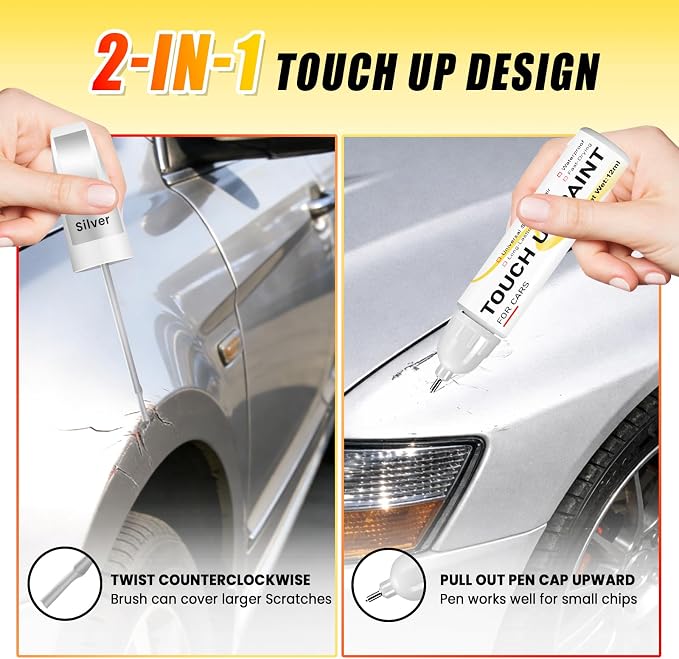 Silver Touch Up Paint for Cars, 2-in-1 Brush & Tip, 0.4 fl oz - Universal Car Scratch Repair Pen for Scratches & Scuffs, OEM Color Match, Quick-Dry & Long-Lasting
