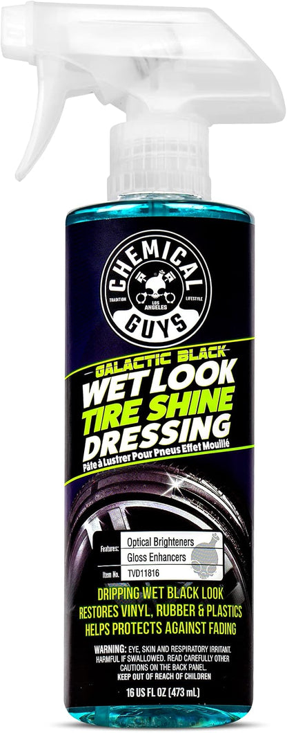 Chemical Guys Galactic Black Wet Look Tire Shine Dressing – High Gloss Tire Spray for Trim & Rubber – Restores Deep Black Shine and Protection for Cars, Trucks, Motorcycles and RVs, 16 oz