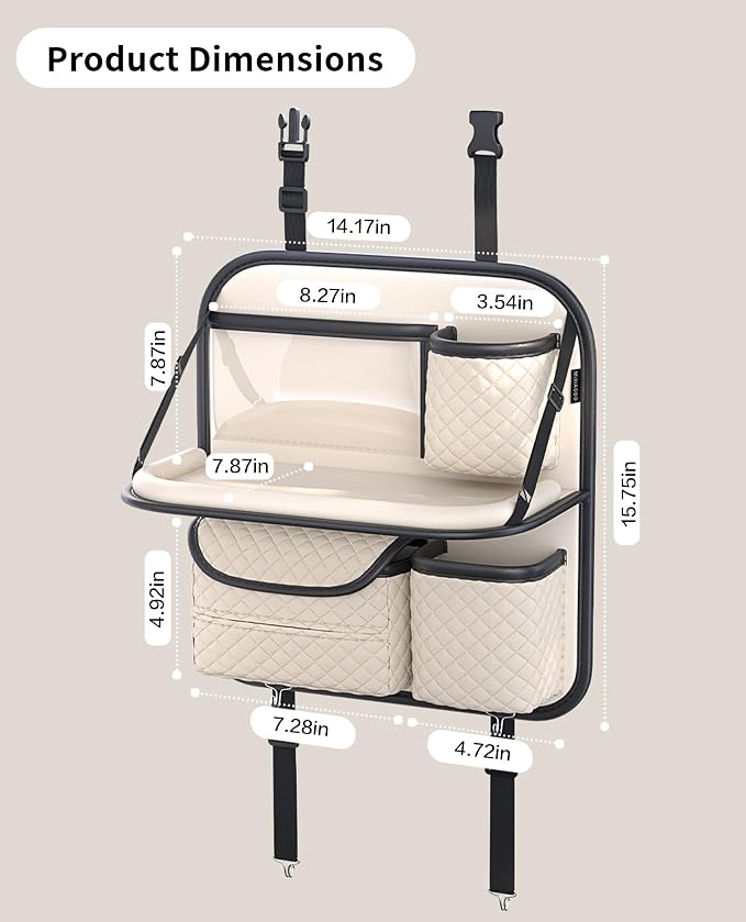 PU Leather Backseat Car Organizer with Tray, Cup Holder, Tablet Pocket & Tissue Holder, Back Seat Car Organizer for Kids and Women, Universal Car Seat Storage Organizer (Beige)