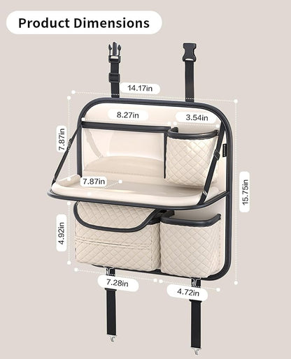 PU Leather Backseat Car Organizer with Tray, Cup Holder, Tablet Pocket & Tissue Holder, Back Seat Car Organizer for Kids and Women, Universal Car Seat Storage Organizer (Beige)
