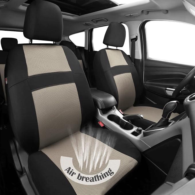 CAR PASS Seat Cover Full Sets, 3D Air Mesh Car Seat Cover with 5mm Composite Sponge Inside,Airbag Compatible Universal Fit for SUV,Vans,sedans, Trucks, Automotive Interior Covers (Black Beige)