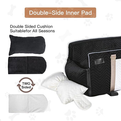 Dog Car Seat for Small Dogs Adjustable Portable Center Console Dog Car Seat Removable Cat Booster Cars Seats - Safety Belt with Cushion Anti-Collapse for Puppy Kitten Up to 15 Lbs (Black)