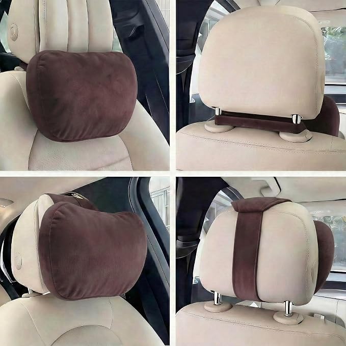 2PCS Car Pillow for Car Neck Pillow for Driving Seat Neck Support Soft Cushion Back Support Head-Rests for Vehicle Sleeping with Elastic Adjustment Strap (Coffee, Head and Lumbar)