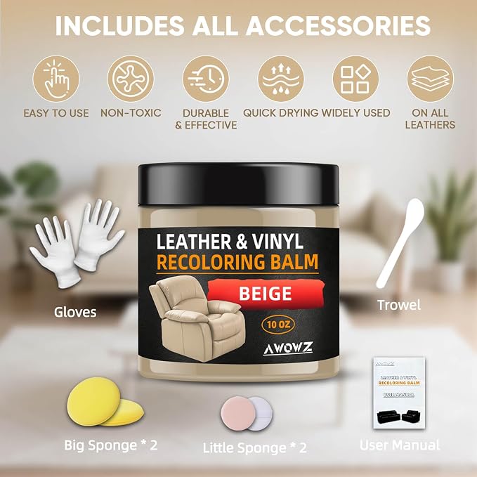 Leather Recoloring Balm for Faded Leather - Leather Repair Balm & Color Restorer for Couch, Car Seats, Furniture & Vinyl, 10OZ (Beige)