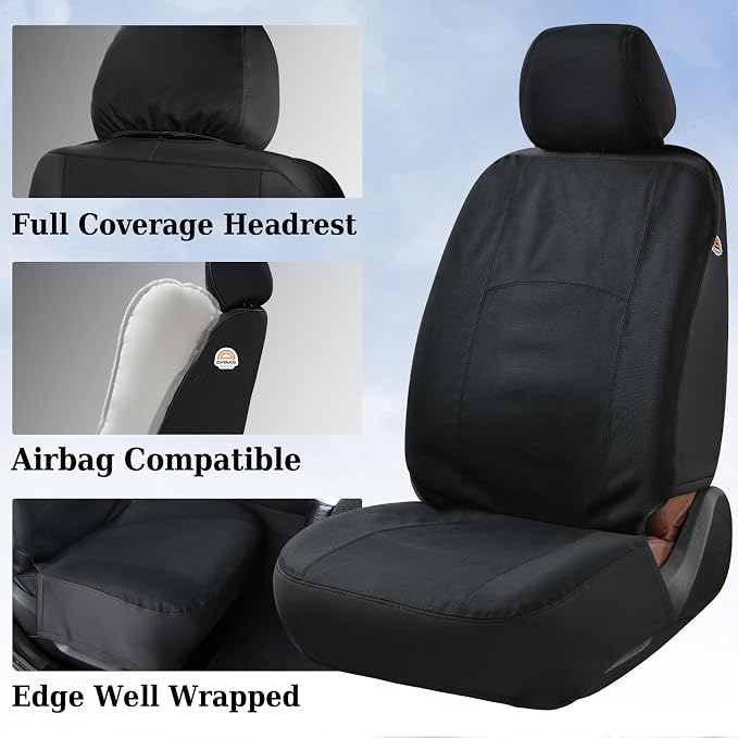 Coverado Car Seat Covers Front, Canvas Universal Seat Covers for Cars, 2-Pack Car Seat Cushions, Auto Seats Protectors for Kids & Dogs, Driver Seat Covers Fit for Most Vehicles Trucks SUVs/Black