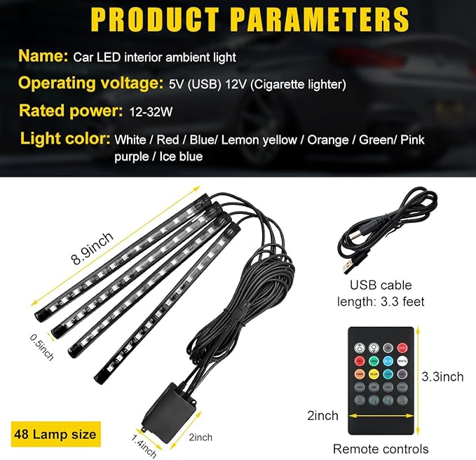 povtii Car Led Interior Lights, RBG 48 LED Multicolor Music Auto Interior Strip Light with Remote Control, Waterproof Lighting Lamp Kit Under Dash with Charger, Car Accessories (USB)