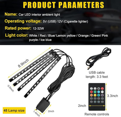 povtii Car Led Interior Lights, RBG 48 LED Multicolor Music Auto Interior Strip Light with Remote Control, Waterproof Lighting Lamp Kit Under Dash with Charger, Car Accessories (USB)