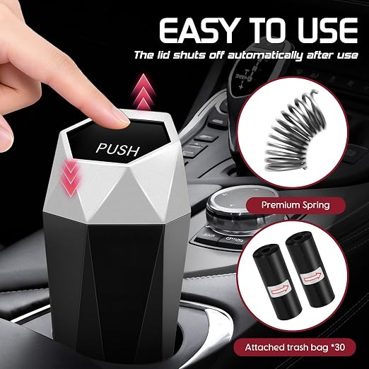 Car Trash Can with Lid, Mini Car Trash Cup with 30 Additional Trash Bags, Car Accessories for Interior, Leakproof Vehicle Garbage Bin for Car, Home, Office - 2 Packs, Silver