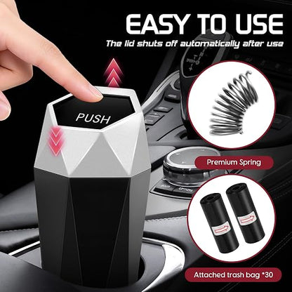 Car Trash Can with Lid, Mini Car Trash Cup with 30 Additional Trash Bags, Car Accessories for Interior, Leakproof Vehicle Garbage Bin for Car, Home, Office - 2 Packs, Silver
