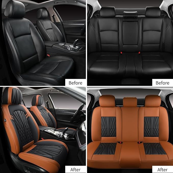 MINGBRON Leather Car Seat Covers,Car Seat Protector Waterproof,Seat Covers Full Set, Car Seat Protectors 5 Seats,Automotive Seat Covers Fit Most Cars Black&Brown