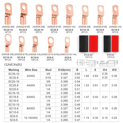 Copper Wire Lugs,Terminal Connectors,Used on AWG12 10 8 6 4 2 Cable,Heat Shrink Set,Bare Copper Eyelets,Ring Terminals Connectors,120Pcs Battery Cable Lugs Ends and 140Pcs Heat Shrink Tubing (260PCS)