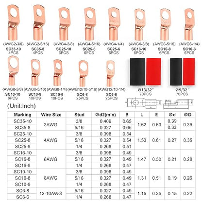 Copper Wire Lugs,Terminal Connectors,Used on AWG12 10 8 6 4 2 Cable,Heat Shrink Set,Bare Copper Eyelets,Ring Terminals Connectors,120Pcs Battery Cable Lugs Ends and 140Pcs Heat Shrink Tubing (260PCS)