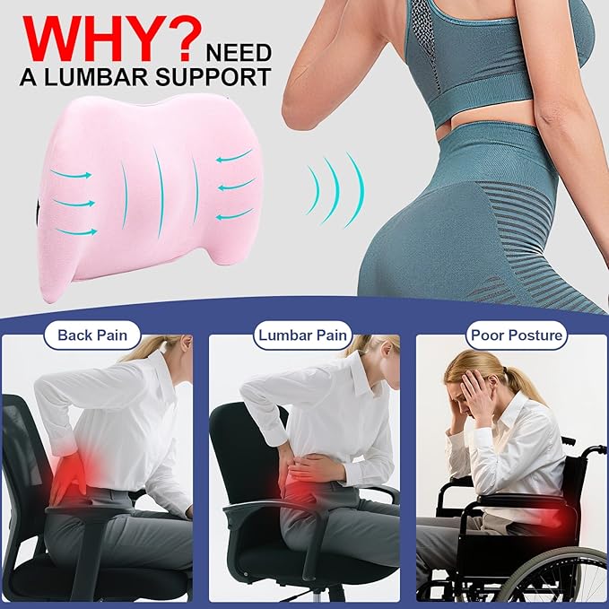 BYMECOST Lumbar Support Pillow for Car, Memory Foam Car Seat Back Support Pillow for Driving, Back Cushion with Strap for Pain Relief, Ergonomic Back Cushion for Office Chair, Wheelchair (Pink)