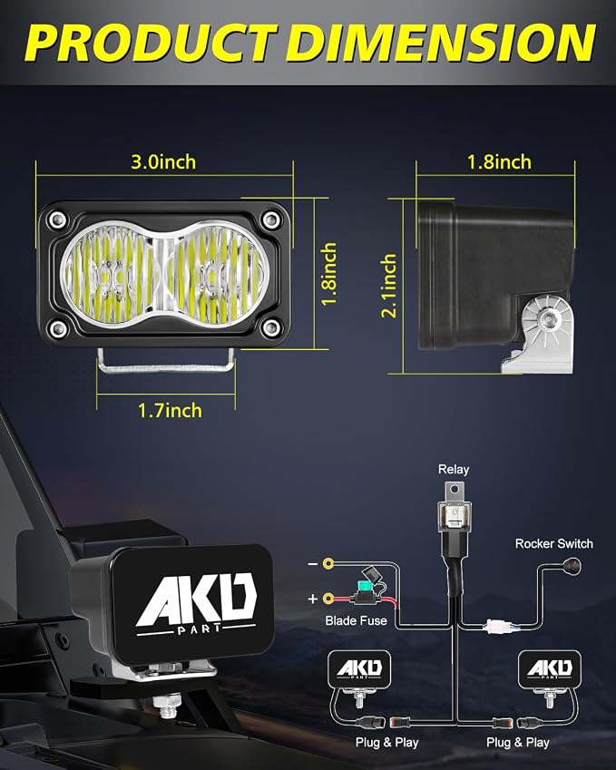 LED Pods with Wiring Harness & Black Covers 3" 40W CREE LED Driving Flood Offroad Lights Small Backup Ditch Lights 2 Packs for Trucks Motorcycle SUV UTV ATV Dirt Bike