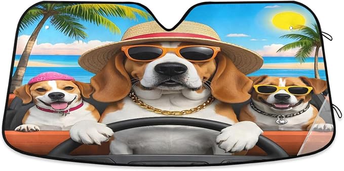 Funny Dogs Palm Tree Summer Car Windshield Sun Shade for Car Auto SUV Truck Foldable Front Window Sunshade Sun Visor Protector Block UV Rays Reflect Heat, 55" x 28"