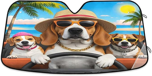 Funny Dogs Palm Tree Summer Car Windshield Sun Shade for Car Auto SUV Truck Foldable Front Window Sunshade Sun Visor Protector Block UV Rays Reflect Heat, 55" x 28"
