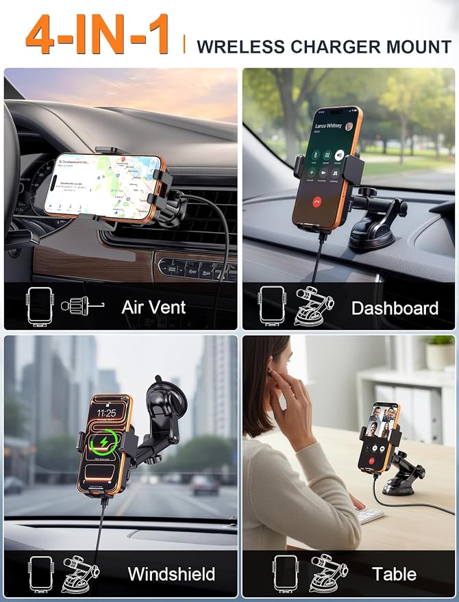 MOKPR Wireless Car Charger, Auto Clamping Car Charger Dash Windshield Air Vent Phone Holder Compatible with iPhone 17 16 15 14/13/13 Pro/12 pro/12/11/X/8, Samsung S24/S23/S22
